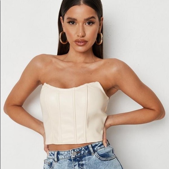 Missguided Tops Strapless Corset Top From Missguided Cream Faux